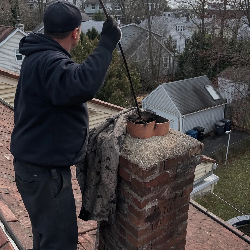Professional chimney sweep cleaning a brick chimney on a residential rooftop